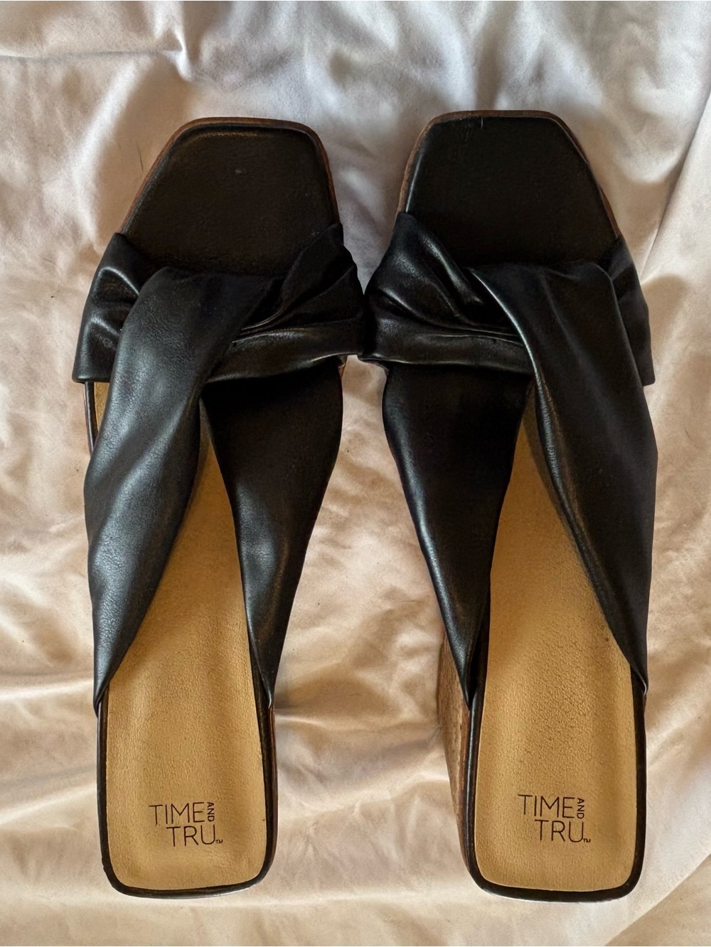 Time and Tru Black Knot-Front Square-Toe Mules Navy Blue